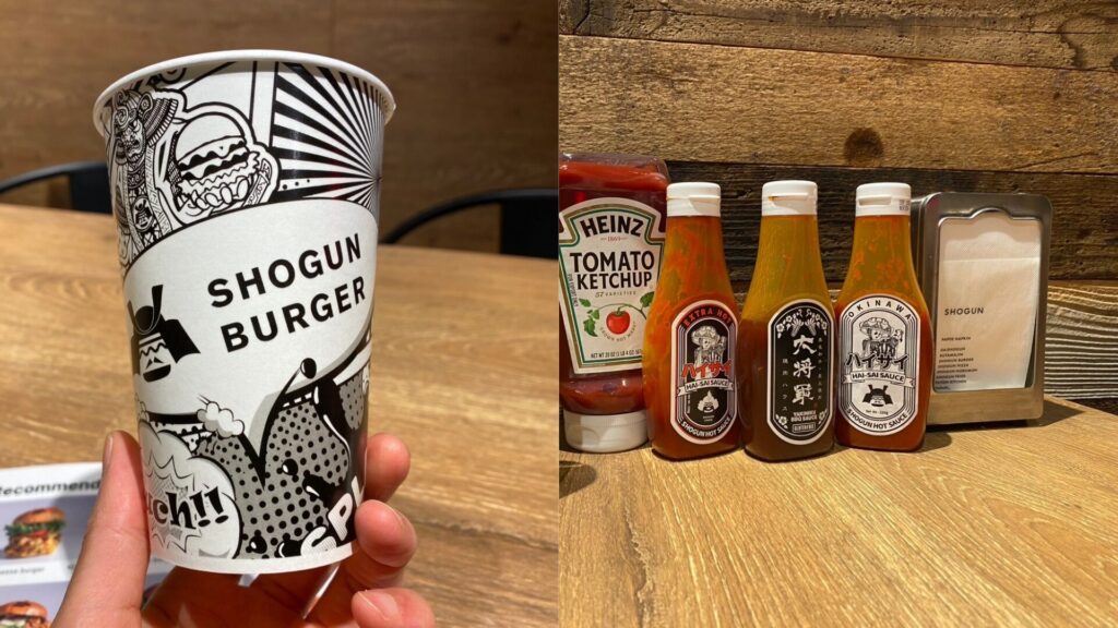 Shogun Burger table condiments and a cup